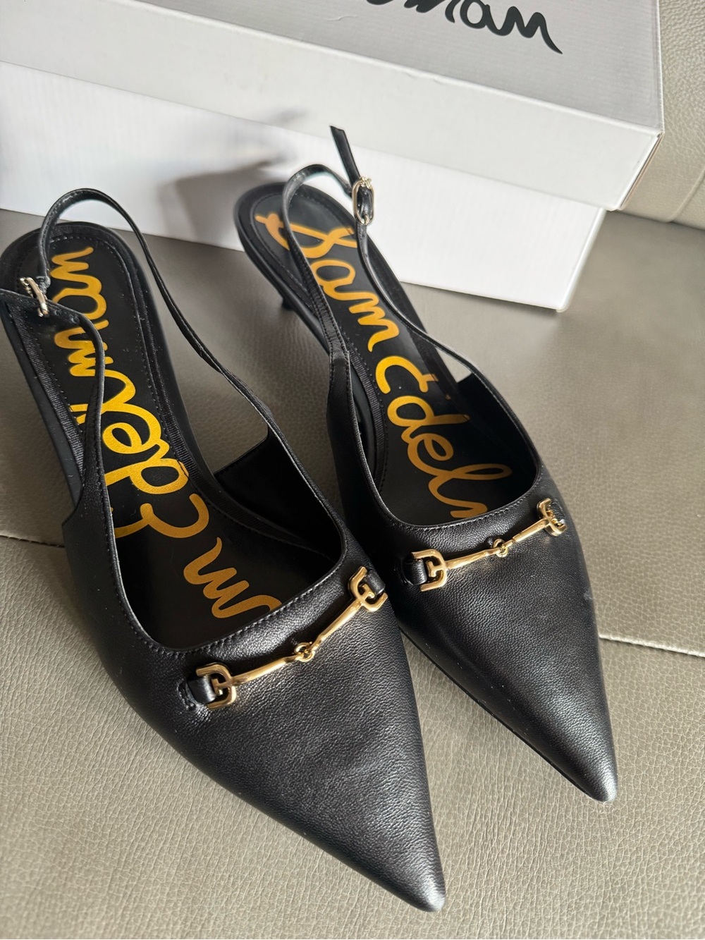 Sam Edelman Black Leather Pointed-Toe Slingback Heels with Gold Accent - Picture 2 of 8